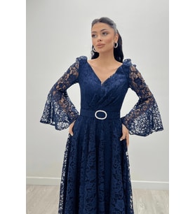 Dantel Kumaş Kolları Volan Detaylı - LACİVERT