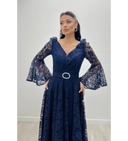 Dantel Kumaş Kolları Volan Detaylı - LACİVERT