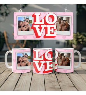 Kişiye Özel Fotoğraflı Love Yazılı Hediye Kupa Bardak, Romantik Kalpli Hediye, 330ml, Beyaz (Doğal Beyaz)
