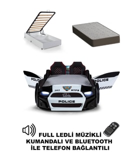 Bazalı Arabalı Yatak Polis Kapıları Açılan MST Full Ledli Kumandalı ve Müzikli+Ortopedik Yatak