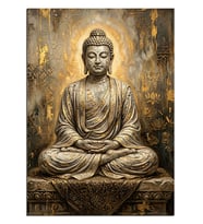 Altın Işıklı Buda Meditasyon Heykeli Dekoratif Kanvas - Mdf Ahşap Tablo