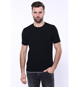 Kendinden Desenli Örme Siyah Erkek Bisiklet Yaka T-shirt - Wessi