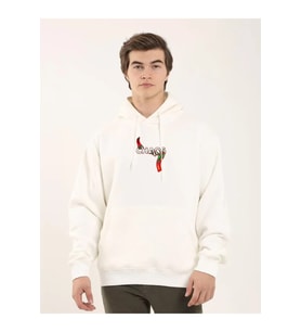 Unisex Baskılı Oversize Üç İplik Kapüşonlu Sweatshirt - Beyaz
