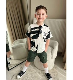 Cg Kids Siyah Desenli Basic Alt Yeşil Kargo Cepli Kot Şort Erkek Çocuk Alt Üst Takım (Turkuaz)