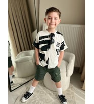 Cg Kids Siyah Desenli Basic Alt Yeşil Kargo Cepli Kot Şort Erkek Çocuk Alt Üst Takım (Turkuaz)