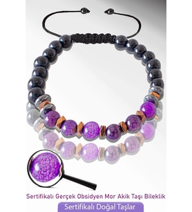 Sertifikalı Doğal Obsidyen - Mor Akik Taşı Bileklik - Ayarlamalı (Çok Renkli)