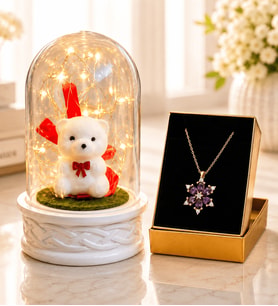 LED Işıklı Ayıcıklı Fanus ve Mor Ametist Taşlı Lotus Kolye Kadına Hediye