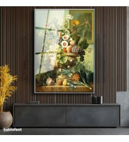 Gümüş Renk Metal Çerçeveli Tamperli Cam Tablo Jan van Huysum Meyve ve Çiçekler Ananaslı Vazoda Ressam Tablosu Dekoru