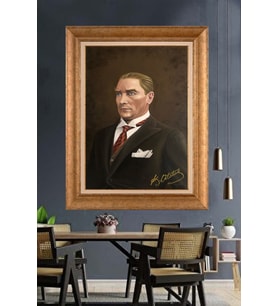 Altın Varaklı Çerçeveli Paspartulu Atatürk Tablo nh184 (Gold)