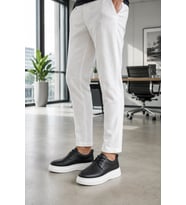 ornex Erkek Deri Görünümlü Bağcıklı Casual Sneaker Klasik Günlük Ayakkabı - Siyah Beyaz