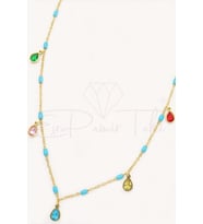 Renkli Kristal Taşlı Altın Renk Damla Çelik Kolye