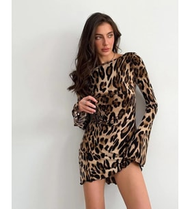 Kadın Uzun Kollu Sırtı Açık Bağlamalı Leopar Desenli Kısa Dalgıç Elbise