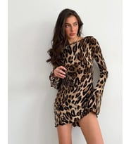 Kadın Uzun Kollu Sırtı Açık Bağlamalı Leopar Desenli Kısa Dalgıç Elbise