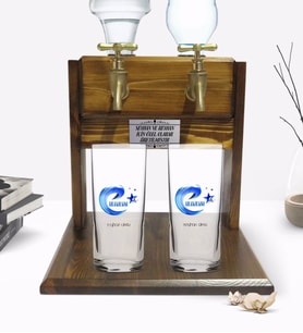 BK Gift Kişiye Özel Renkli Baskılı Erzurum Tasarımlı Turistik İkili Rakı Bardağı ve Çift Musluklu Doğal Ahşap Rakı Standı-1 (Model 1)