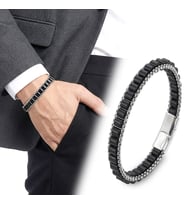 💎 Premium Oniks Doğal Taşlı Hasır Örgü Zincirli Erkek Çelik Bileklik 31832B28D11 - 20 cm