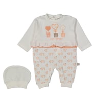 Kız Bebek Ekru Somon Kalp Nakışlı Bereli Tulum