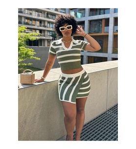 Kadın Kısa Kollu Polo Yaka Crop Asimetrik Mini Triko Etek Ikili Takım
