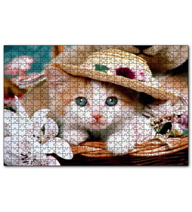 Cakapuzzle Sepette Şapkalı Yavru Kedi ve Çiçekler  Puzzle Yapboz MDF (Ahşap) (120 Parça)