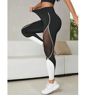 Kadın Yüksek Bel Yanlardan Tül Detaylı çift Renkli Spor Dalgıç Tayt (Beyaz)