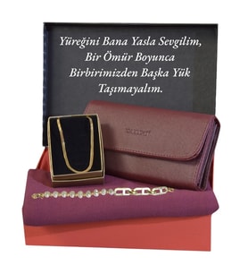 Sevgiliye, Eşe Hediye Seti Kadın Bordo Cüzdan-Penye Şal-Çelik Kolye-Bileklik