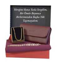 Sevgiliye, Eşe Hediye Seti Kadın Bordo Cüzdan-Penye Şal-Çelik Kolye-Bileklik