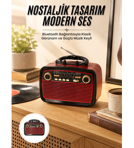 Nostalji Radyo Hoparlör Usb-Sd Kart Giriş Led Fener Işıklı Bataryalı Pilli Yeni Nesil