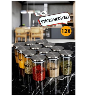12'li Etiketli 250 ml Metal Vakumlu Kapaklı Borosilikat Cam Baharatlık Saklama Kabı Seti