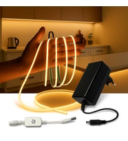 COB LED Şerit 5 Metre 12V 3200K Sıcak Beyaz 320LED/m 8mm IP20 Adaptör ve Dokunmatik Anahtar Dahil Yapışkanlı LED Aydınlatma Seti