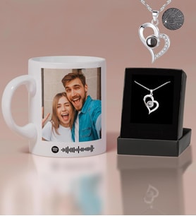 Spotify Kodlu ve Kişiye Özel Fotoğraflı Kupa Bardak & 100 Dilde Seni Seviyorum Kalp Kolye Hediye Seti (Model 1)