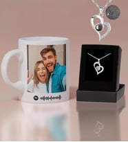 Spotify Kodlu ve Kişiye Özel Fotoğraflı Kupa Bardak & 100 Dilde Seni Seviyorum Kalp Kolye Hediye Seti (Model 1)
