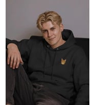 Sol Göğüs Logolu Kedili Hoodie Unisex %100 Pamuk  Siyah Kapüşonlu Sweatshirt Minimal Kedi Desenli