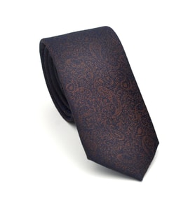 Şal Desenli Kahverengi Dokuma Kumaş Mendilli Slim Fit Kravat // SDK-2508-4