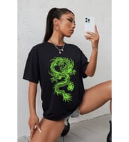 Unisex Chinese Dragon Baskılı T-shirt (Siyah)