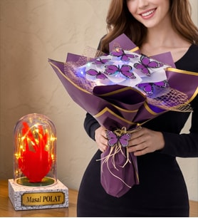 Size Özel Led Işıklı Fanus ve Renkli Led Işıklı Kelebek Buketi (Model 7)