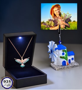 Size Özel Fotoğraflı Led Işıklı Kutusunda 925 Ayar Gümüş Anka Kuşu Kolye (Değirmenli)