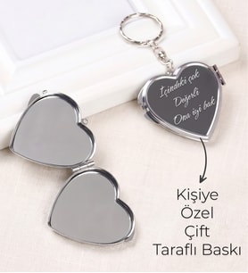 Kişiye Özel Baskılı Çift Taraflı Aynalı Kalp Anahtarlık - İçindeki Çok Değerli Ona İyi Bak Mesajlı Makyaj Aynası Sevgiliye Arkadaşa Hediye