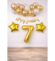 Gitti Gold Konsept Doğum Günü Kutlama Seti; Beyaz Gold Konfetili Balon, Rakam Yıldız Folyo ve Banner (7 Yaş)