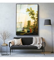 Siyah Renk Metal Çerçeveli Tamperli Cam Tablo C.J. Vernet Balıkçılar Kıyı Kulesi Deniz Kenarı Ressam Tablosu Dekoru