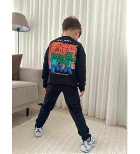Cg Kids Minecraft Siyah Turuncu Sırt Baskılı Detay Erkek Çocuk 2 iplik Alt Üst Takım Süper Kalite Kumaş