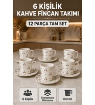 6 Kişilik Seramik Kahve Fincan Takımı Yuvarlak Sunum Tabaklı Porselen Türk Kahvesi Fincan Seti