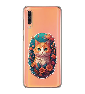 Samsung Galaxy A70 Uyumlu Çiçek ve Kedi Tasarımlı Şeffaf Telefon Kılıfı
