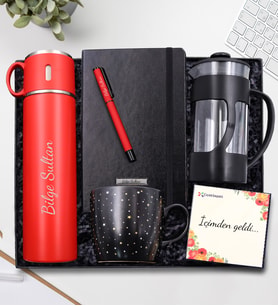 Kişiye Özel 580 ML Bardaklı Kırmızı Çelik Termos & Siyah Defter & Kırmızı Roller Kalem & Siyah French Press & Siyah Yıldız Kupa Hediye Seti