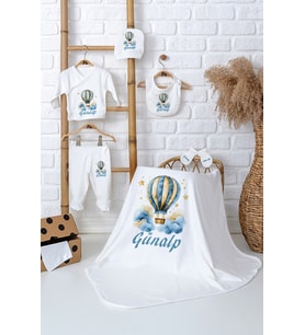 Pia Baby Premium İsme Özel %100 Pamuk Battaniyeli 5 Parça Zıbın Set Yenidoğan Erkek Bebek Hediyesi 5058-04 (Ekru)