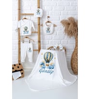 Pia Baby Premium İsme Özel %100 Pamuk Battaniyeli 5 Parça Zıbın Set Yenidoğan Erkek Bebek Hediyesi 5058-04 (Ekru)