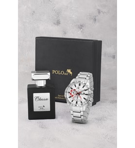 Polo Air Klasik Metal Kasa Erkek Kol Saati Ve 55 ml Parfüm Seti Gümüş Siyah Kırmızı Renk ST-5029E5
