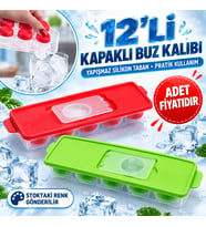 Mey İthalat® 12li Kapaklı Yapışmaz Silikon Tabanlı Plastik Küp Buz Kalıbı - Stokta Olan Renk Gönderilir