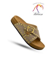 Troklu Kadın Terlik - Tokalı Troklu Rahat ve Esnek Taban Kadın Terlik Bej