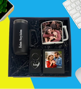 Kişiye Özel Premium Kutu Kulplu Termos Bardak Metal Kalp Anahtarlık Çay Ve Nescafe Fincanı Ahşap Siyah Fotoğraflı Masaüstü Çerçeve