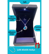 Işıklı Premium Kutuda  Yeni Mavi Gökyüzü Gümüş Renk Çelik Kolye  316l Çelik - Kararmaz (Gold)