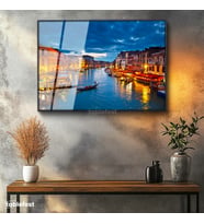 Siyah Renk Metal Çerçeveli Tamperli Cam Tablo Venedik Kanalı ve Sandallar Şehir Mimari Tablo Duvar Dekoru